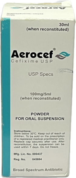 Aerocef Cefixime USP Powder for Oral Suspension 100mg/5ml 30ml