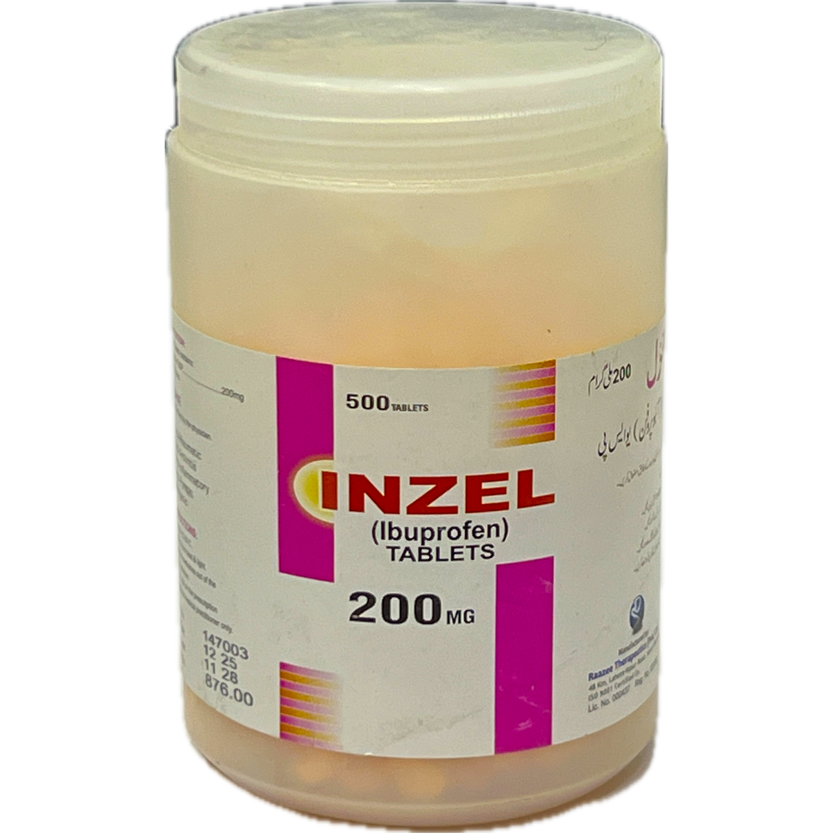 Inzel Ibuprofen Tablets 200mg - 500 Tablets Jar