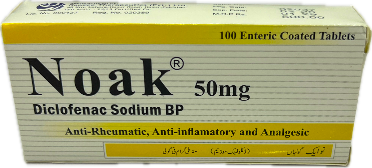 Noak 50mg Tablets - Diclofenac Sodium BP 50mg - 100 Enteric Coated Tablets