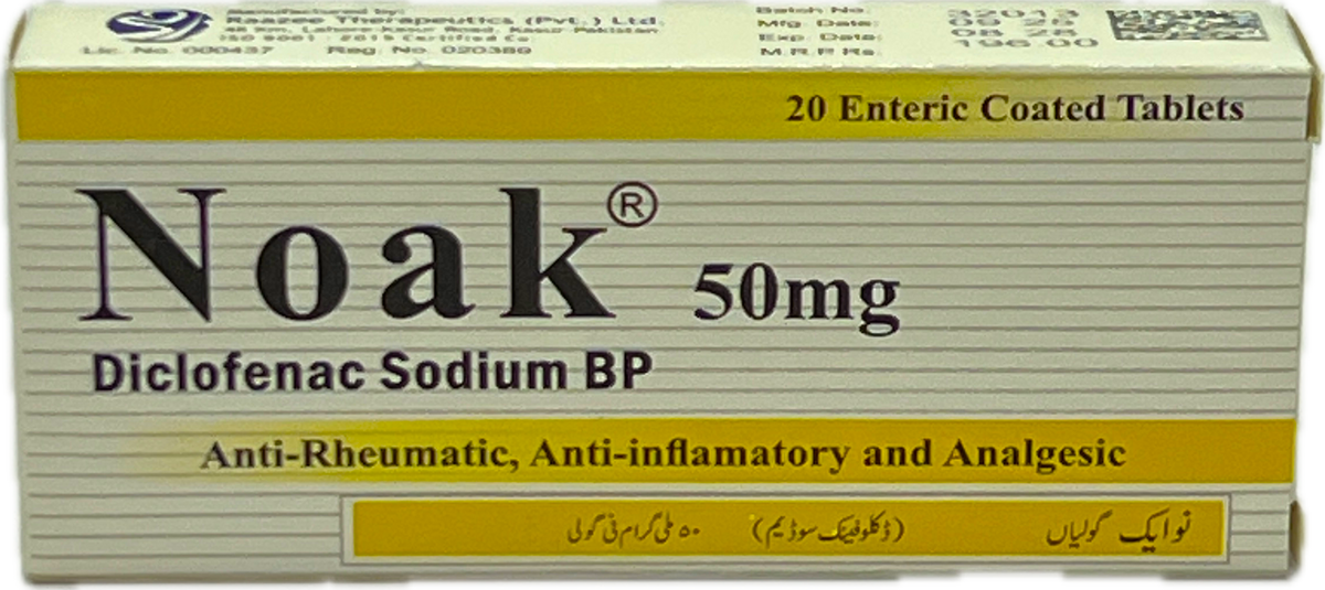 Noak 50mg Tablets - Diclofenac Sodium BP 50mg - 20 Enteric Coated Tablets