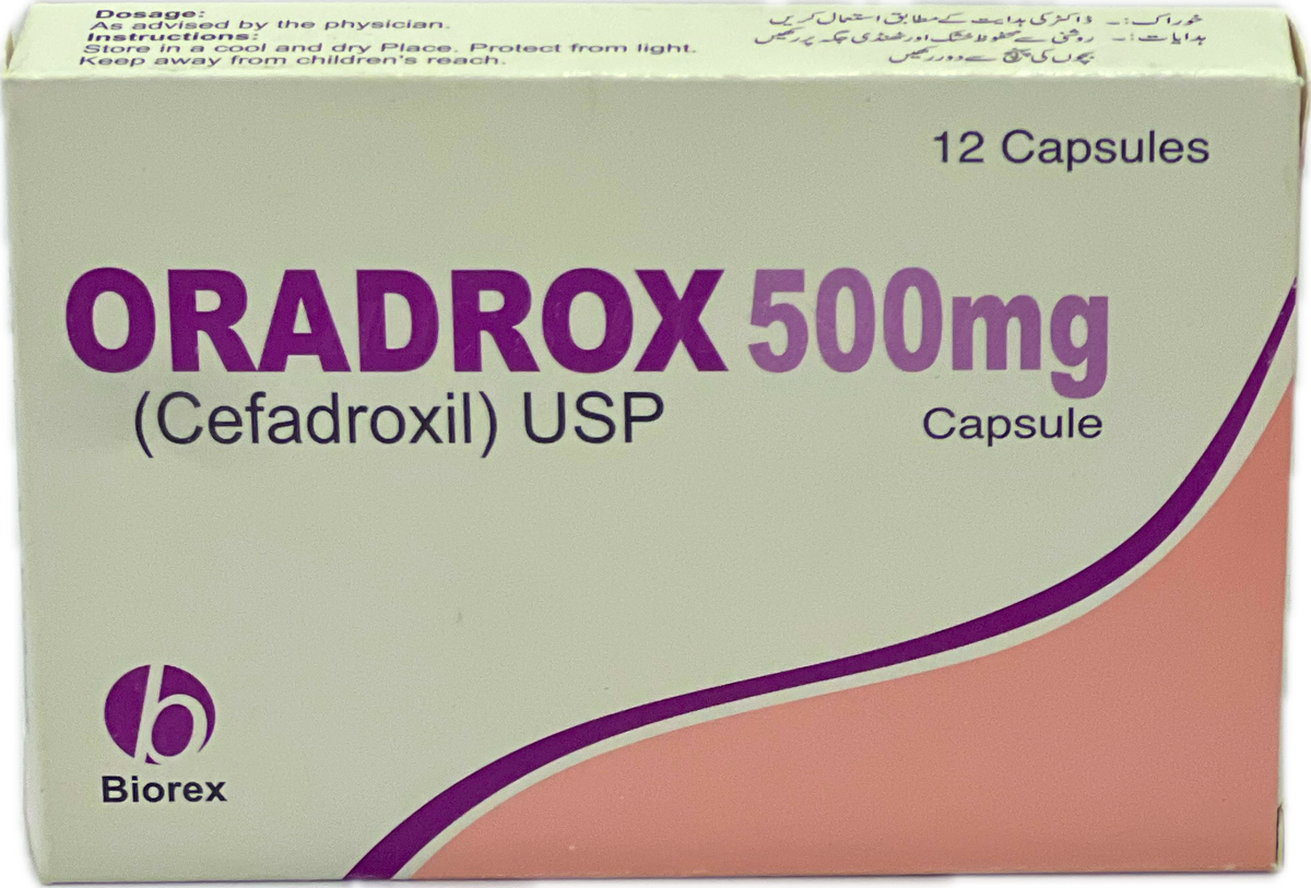 Oradrox 500mg Capsules - Cefadroxil USP 500mg - 12 Capsules - Biorex