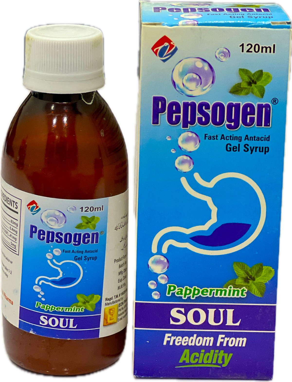 Pepsogen 120ml Gel Syrup - Fast Acting Antacid Gel Syrup - Pappermint Flavour