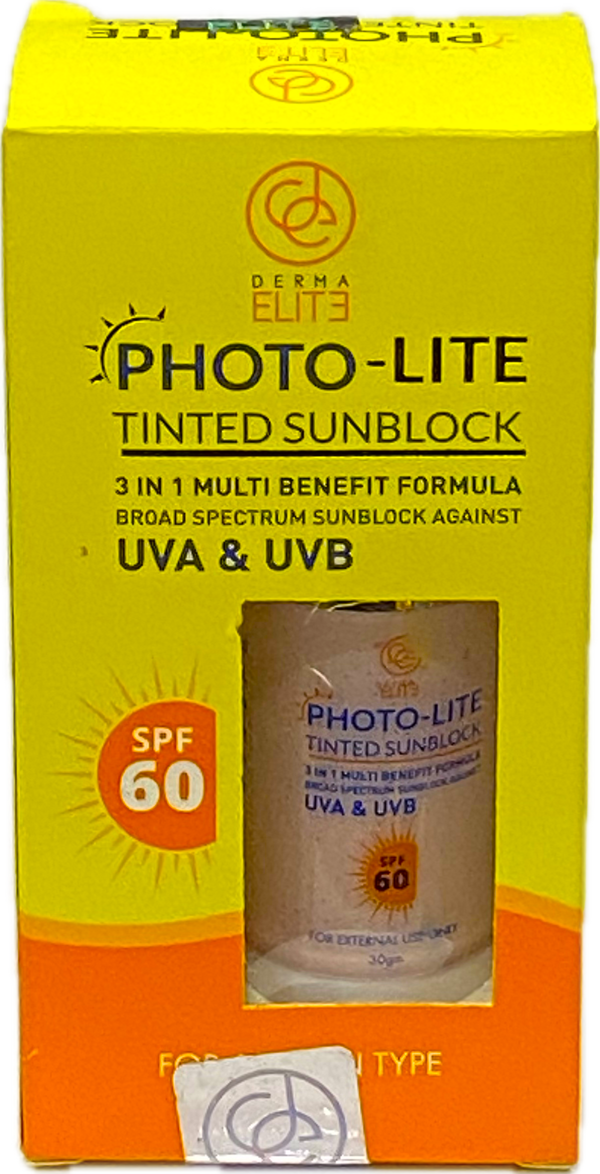 Photo-Lite Tinted Sunblock SPF 60 30gm - Derma Elite - 3 in 1 Multi Benefit Formula - UVA & UVB