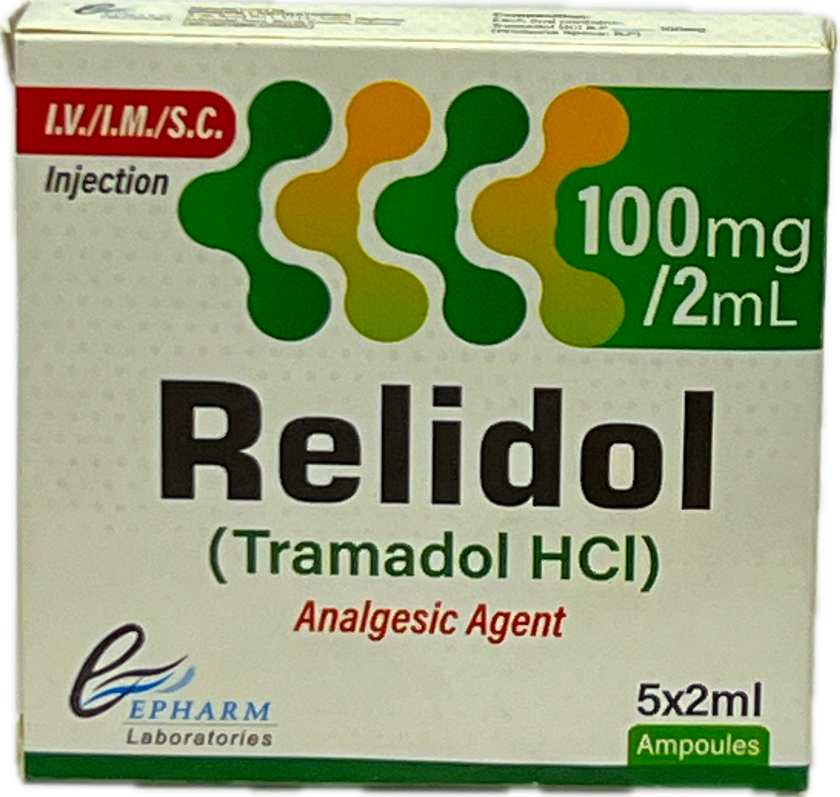 Relidol Injection 100mg/2mL 5 Ampoules - Tramadol HCl IV/IM/SC - Analgesic Agent - Epharm