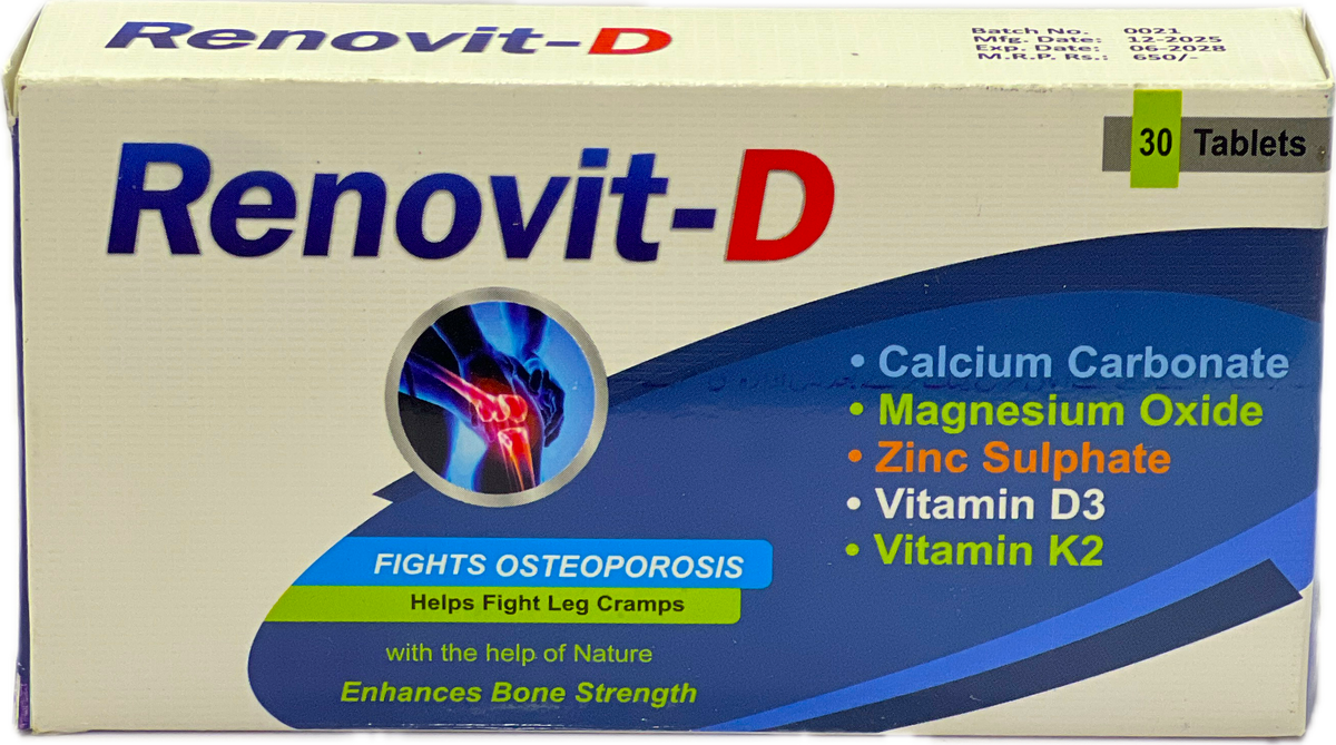 Renovit-D Tablets 30s - Calcium Magnesium Zinc Vitamin D3 K2 - Fights Osteoporosis Bone Strength