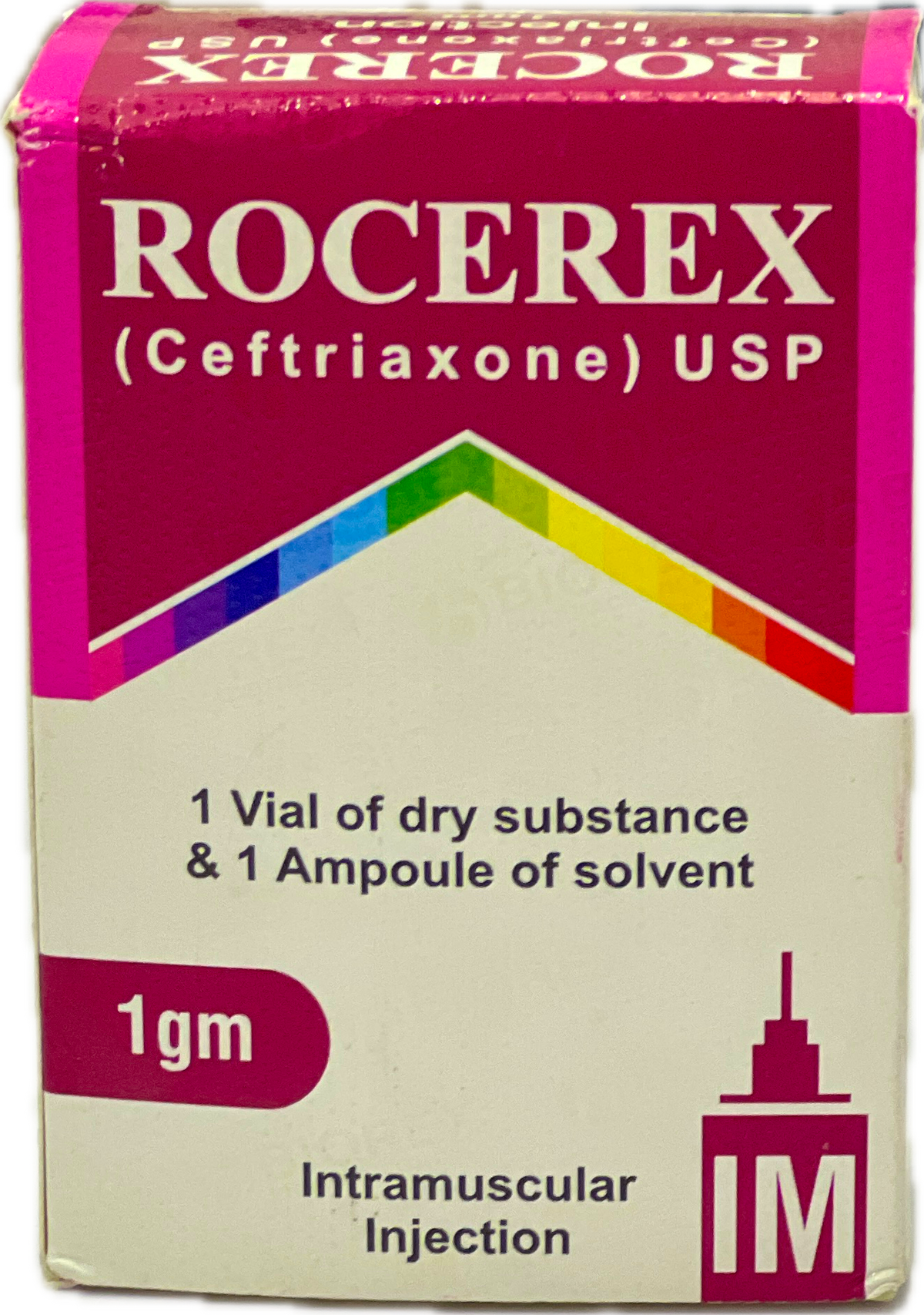 Rocerex 1gm IM Injection - Ceftriaxone USP 1gm - 1 Vial Dry Substance & 1 Ampoule Solvent