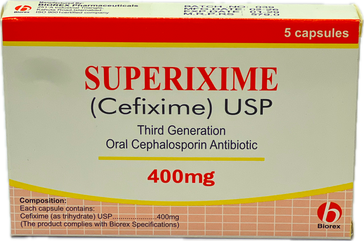 Superixime Capsules 400mg 5s - Cefixime USP 400mg - Third Generation Oral Cephalosporin Antibiotic - Biorex