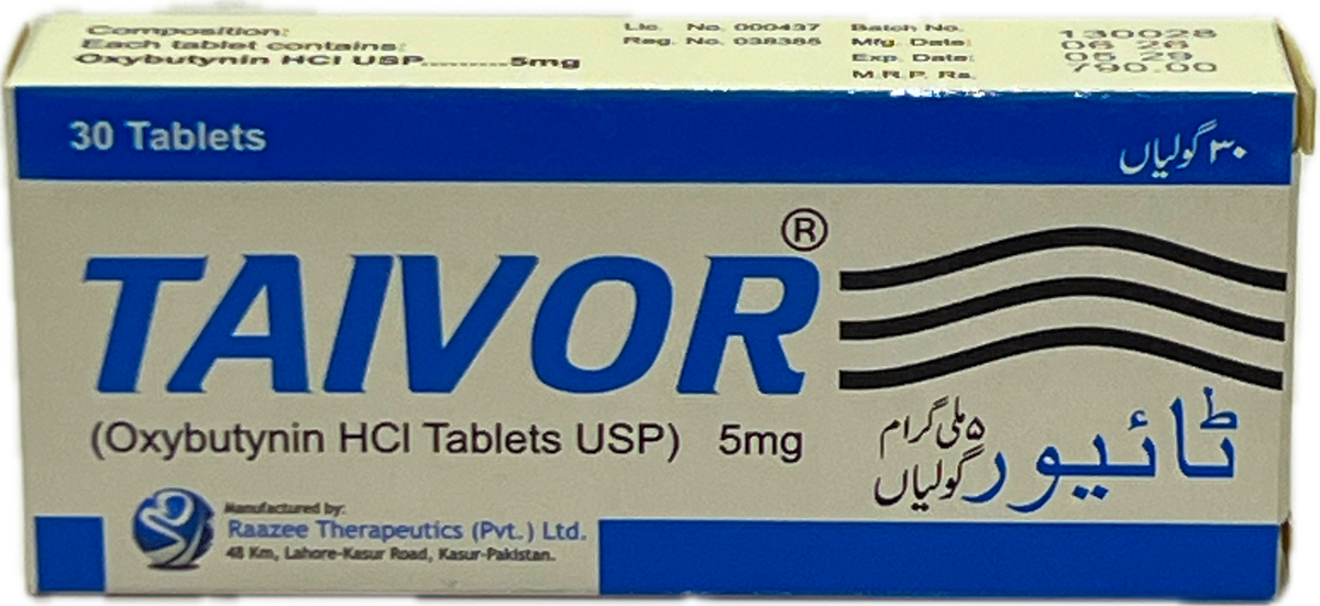 Taivor Tablets 5mg 30s - Oxybutynin HCl USP 5mg - Antispasmodic For Overactive Bladder - MRP 790