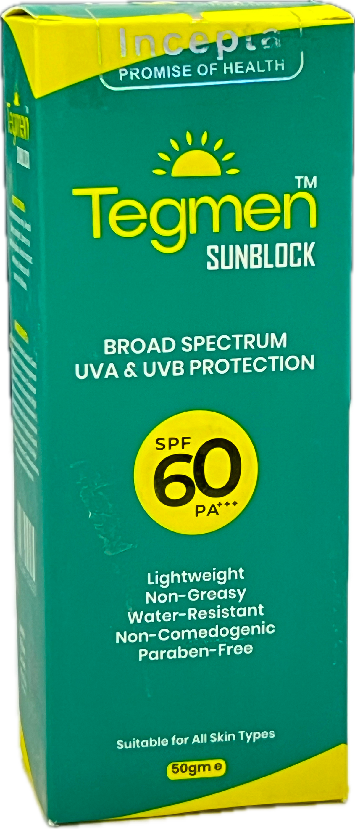Tegmen Sunblock SPF 60 PA+++ 50gm - Broad Spectrum UVA & UVB Protection - Incepta