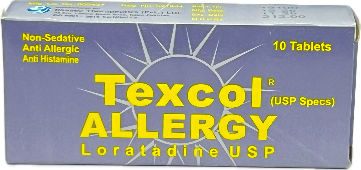 Texcol Allergy Tablets 10s - Loratadine USP 10mg - Non-Sedative Anti Allergic Anti Histamine - MRP 212