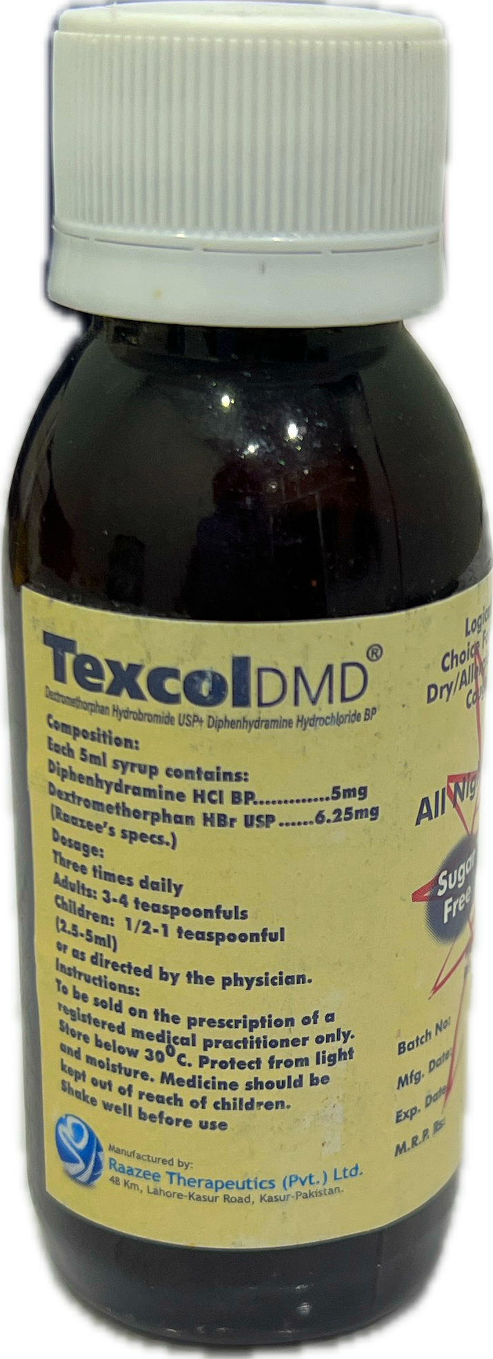 Texcol DMD Syrup 60ml - Dextromethorphan 6.25mg + Diphenhydramine 5mg / 5ml - Dry Allergy Cough Syrup - Sugar Free