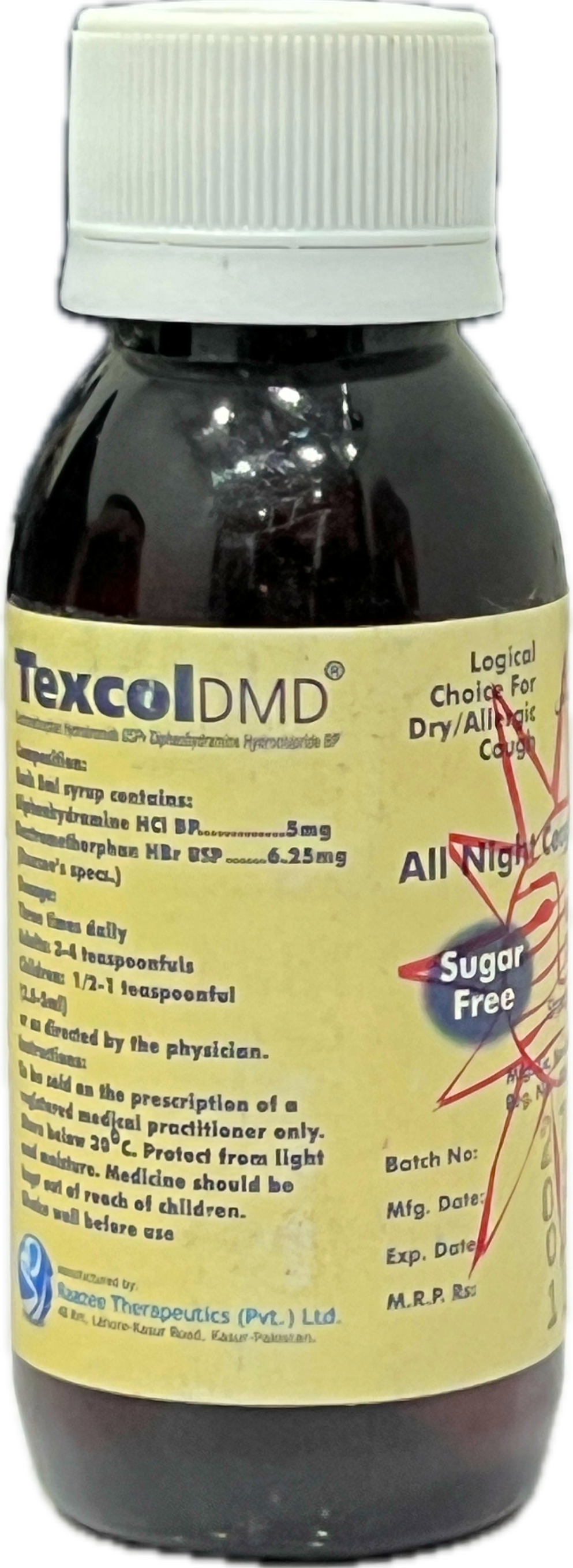 Texcol DMD Syrup 60ml - Dextromethorphan 6.25mg + Diphenhydramine 5mg - All Night Cough Relief - Sugar Free - Raazee