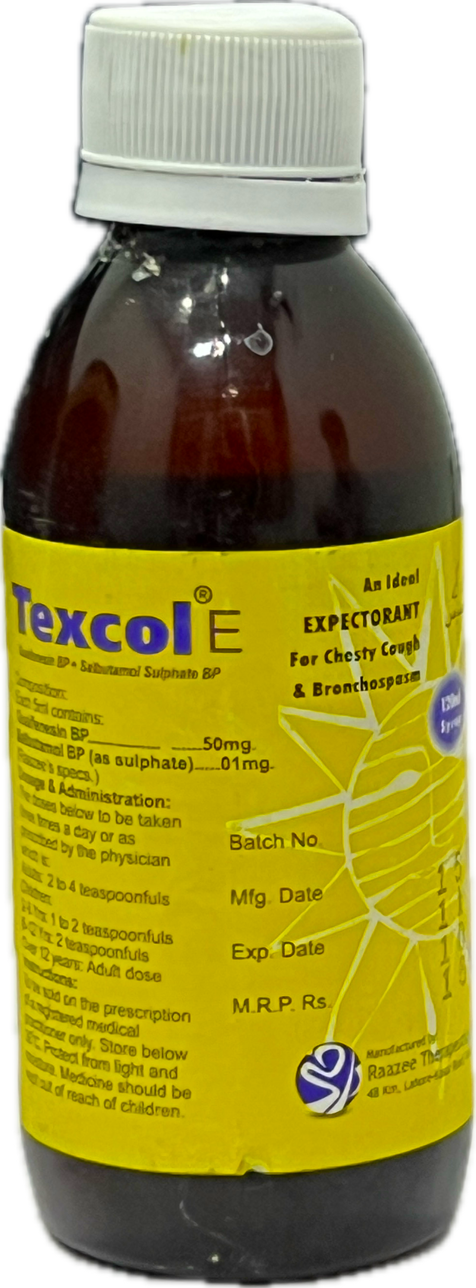 : Texcol E Syrup 120ml - Guaifenesin 50mg + Salbutamol 1mg / 5ml - Expectorant For Chesty Cough & Bronchospasm - Raazee