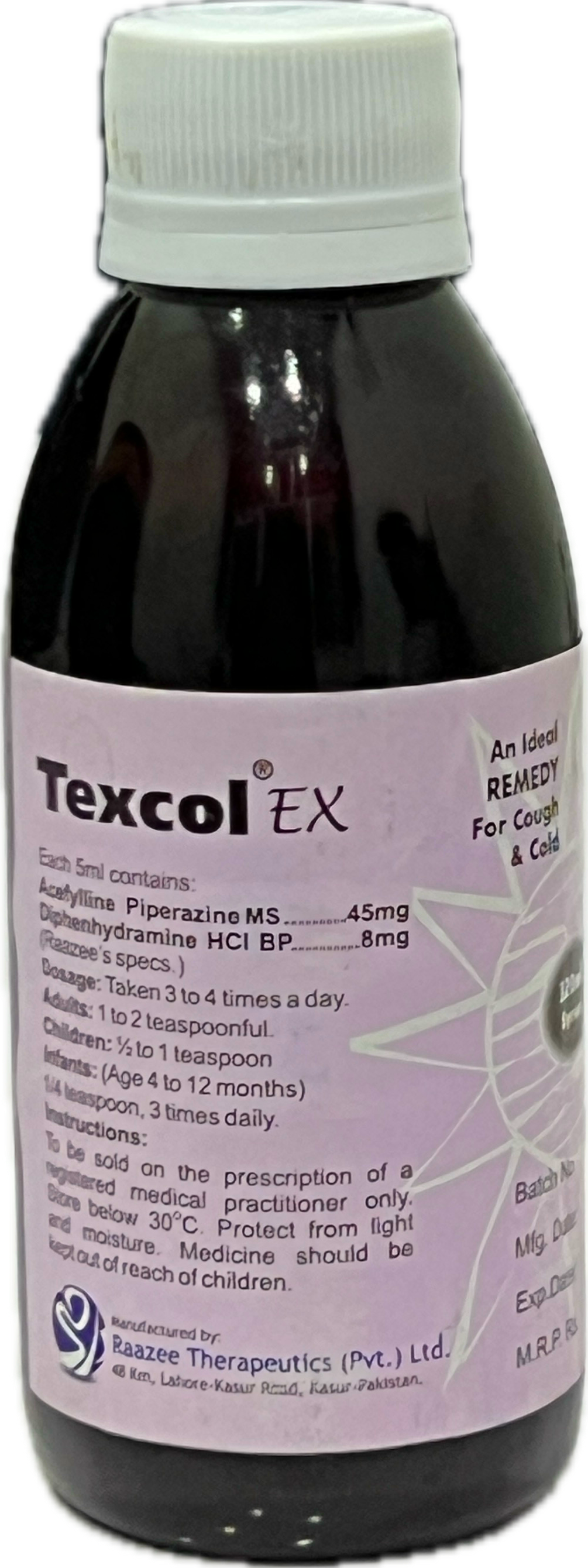 Texcol EX Syrup 120ml - Acefylline Piperazine 45mg + Diphenhydramine 8mg - Remedy For Cough & Cold - Raazee Therapeutics