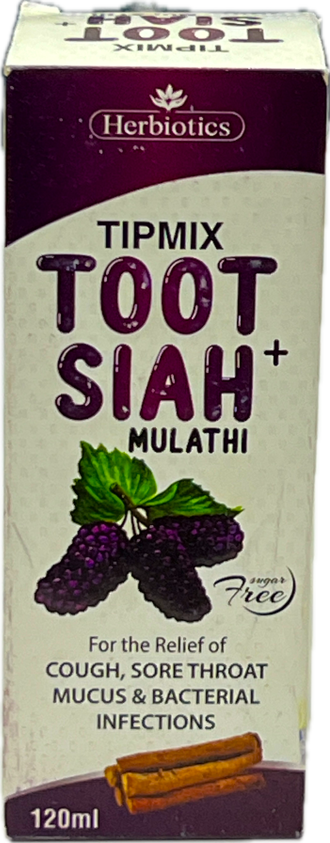 Tipmix Toot Siah+ Mulathi Syrup 120ml - Sugar Free - For Cough Sore Throat Mucus & Bacterial Infections - Herbiotics